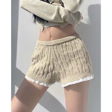 批发已出货 麻花<b class='q'>短裤</b>女2025年秋冬蕾丝花边裤子高腰显瘦打底裤靴裤~