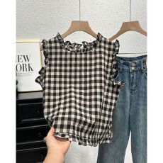 批发已出货 无袖衬衫女夏季时尚气质木耳边小衫绑带露背绝美上衣