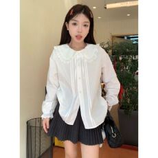 批发已出货 泡泡风上衣女法式复古蕾丝边娃娃领白色衬衫系带宽松衬衣