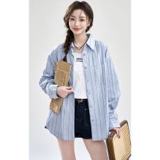 批发已出货 复古<b class='q'>韩版</b>蓝色条纹长袖<b class='q'>衬衫女</b>宽松polo翻领小个子衬衣外套
