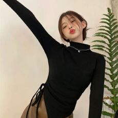 批发已出货  设计感上衣法式褶皱修身性感内搭修身纯色弹力薄款打底衫