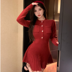 批发已出货 黑色修身长袖内搭打底针织连衣裙女冬季小个子百褶裙