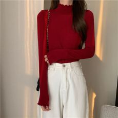 批发已出货 木耳边针织衫半高领长袖打底衫卷边内搭女上衣