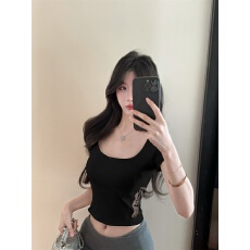 批发已出货 蕾丝方领短袖t恤女夏季正肩体恤修身显瘦大领口辣妹上衣