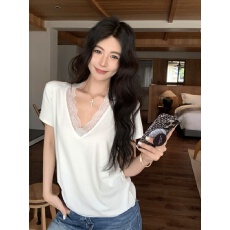 批发已出货 蕾丝拼接垫肩T恤女夏季2025新款简约休闲宽松显瘦套头上衣