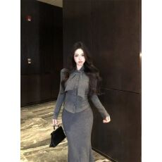 批发已出货 名媛气质套装灰色飘带长袖针织开衫<b class='q'>女</b>冬季鱼尾包臀半身裙
