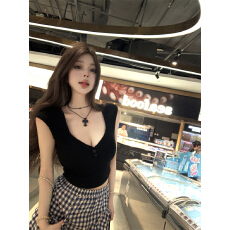 批发已出货 纯欲风紫色v领无袖T恤女收腰辣妹紧身<b class='q'>短款</b>上衣