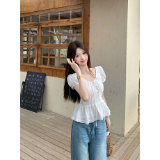 批发已出货 甜美风法式系带泡泡袖衬衫女装夏季减龄chic显瘦白色上衣