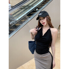 批发已出货 黑色荡领挂脖背心女夏季修身无袖外穿纯欲风显瘦<b class='q'>短款</b>上衣