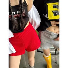 批发已出货 秋冬新款松紧腰红色针织毛线<b class='q'>短裤</b><b class='q'>女</b>休闲直筒阔腿<b class='q'>裤</b>