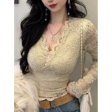 批发已出货 V领加绒钩花加绒蕾丝衫温柔风<b class='q'>百搭</b>修身显瘦内搭打底上衣