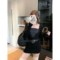 批发已出货 两件套荡领条纹抹胸长袖连衣裙女秋季性感辣妹修身