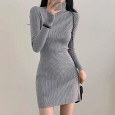批发已出货 法式气质高领弹力修身显瘦内搭长袖针织包臀连衣裙女