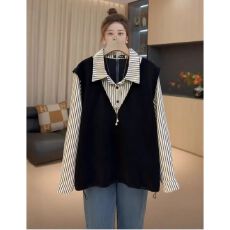 批发已出货 大码mm时尚<b class='q'>气质</b>优雅百搭显瘦减龄拼接假两件翻领条纹<b class='q'>衬衫</b>