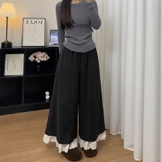 批发已出货 蕾丝花边拼接阔腿裤裙女秋<b class='q'>冬</b>大码胖mm休闲a字半身长裙裤