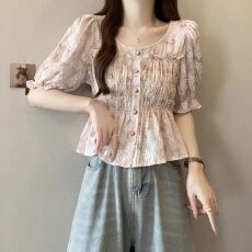 批发已出货 短袖<b class='q'>衬衫</b>女装<b class='q'>夏季</b>新款小个子百搭宽松荷叶边褶皱减龄上衣