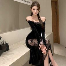 批发已出货 黑色<b class='q'>连衣裙</b>御姐蕾丝拼接<b class='q'>修身</b>包臀裙子2025夏季新款长裙
