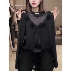 批发已出货 <b class='q'>花朵</b>系带假两件长袖<b class='q'>T</b><b class='q'>恤</b>女秋冬季洋气内搭打底衫大码上衣