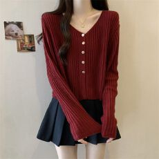 批发已出货 纯色长袖针织衫<b class='q'>女</b>秋季新款簿款外搭短款设计感气质<b class='q'>毛衣</b>