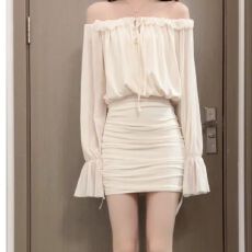 批发已出货 气质一字肩长袖连衣裙女秋季新款露肩收腰显瘦包臀短裙子