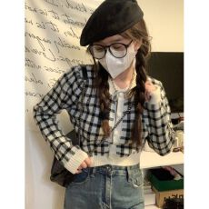 批发已出货 2026新款温柔风气质拼色圆领短款长袖格子针织<b class='q'>毛衣</b><b class='q'>开衫</b><b class='q'>女</b>