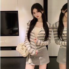 批发已出货 春季新款韩女条纹连帽防晒开衫上衣女小个子