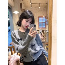 已出货 针织开衫毛衣外套女学生中长款蝴蝶结长袖宽松上衣