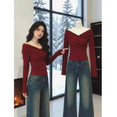 批发已出货 交叉设计感一字领露锁骨长袖T恤女秋冬打底衫上衣