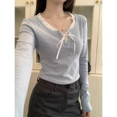 批发已出货 花边拼接长袖T恤秋冬修身打底衫别致上衣