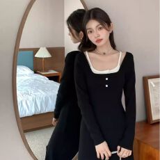 批发已出货 连衣裙女春季长款收腰显瘦开叉包臀裙纯欲辣妹打底小黑裙