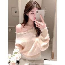 批发已出货 粉色珍珠领针织衫女秋冬纯欲风设计感露肩打底衫上衣