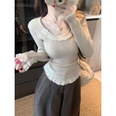 批发已出货 蕾丝花边拼接长袖针织衫<b class='q'>女</b>秋冬新款纯欲风显瘦打底衫