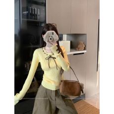 批发已出货 韩系学院风蝴蝶结绑带长袖针织衫女秋冬新款打底毛衣