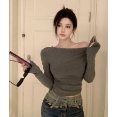 批发已出货 辣妹一字肩长袖T恤女初秋露肩紧身修身灰色短款上衣