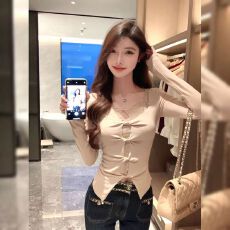 批发已出货 性感蕾丝拼接假两件扭结镂空长袖T恤女设计感修身内搭上衣