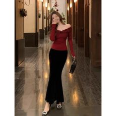 批发已出货 御姐蕾丝拼接V领露肩长袖打底衫<b class='q'>女</b>秋冬新款修身上衣