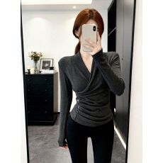 批发已出货 交叉V领长袖T恤秋冬修身打底上衣