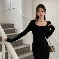 批发已出货 连衣裙女春季长款收腰显瘦开叉包臀裙纯欲辣妹打底小黑裙