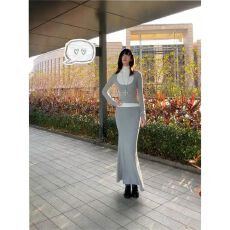 批发已出货 女<b class='q'>秋</b>冬纯欲假两件长袖上衣小香风包臀鱼尾裙两件套