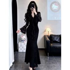 批发已出货 性感紫色V领蕾丝连衣裙女气质 修身包臀裙鱼尾长裙