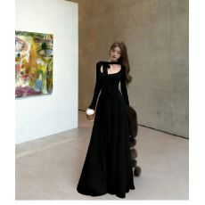 批发已出货 系带长袖连衣裙女2026新款赫本风收腰显瘦内搭法式长裙