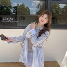 批发已出货 衬衫上衣春秋新款设计感宽松慵懒长袖蓝色<b class='q'>条纹</b>休闲衬衣