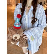 批发已出货 韩版<b class='q'>条纹</b>polo领长袖衬衫女薄款防晒衬衣中长款上衣早秋