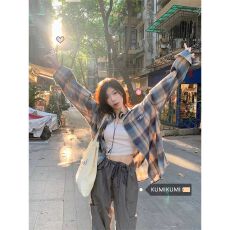 批发已出货 韩系复古<b class='q'>格子</b>衬衫女夏秋季长袖防晒衬衣<b class='q'>外套</b>慵懒风上衣