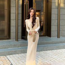 批发已出货 V领连衣裙女2025新款御姐性感收腰<b class='q'>礼服</b><b class='q'>长裙</b>