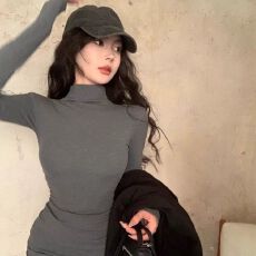 批发已出货 半高领<b class='q'>长袖</b><b class='q'>连衣裙</b>女秋冬季纯欲修身显瘦打底裙收腰包臀裙