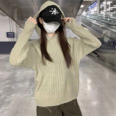 批发已出货 2026年春季新款韩版慵懒宽松连帽麻花长袖针织毛衣
