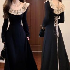 批发已出货 法式气质黑色<b class='q'>长袖</b><b class='q'>连衣裙</b>子女秋冬季打底长裙配大衣内搭
