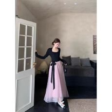 批发已出货 法式坎肩<b class='q'>长袖</b><b class='q'>连衣裙</b>子女秋冬季富家千金气质掐腰网纱长裙