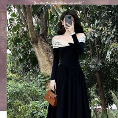 批发已出货 法式撞色一字肩黑色<b class='q'>连衣裙</b>女气质千金风露肩显瘦减龄长裙